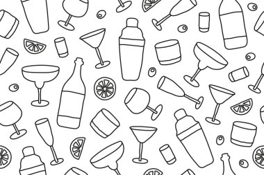 Kusursuz barmen şablonu, kokteyl barı geçmişi, bar menüleri, duvar kağıtları, ambalajlama, tekstil ve kokteyl yapımı temalı tasarımlar için harika.