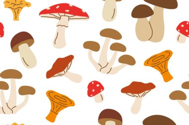 Mantar dikişsiz desen; sonbahar temalı tasarımlar, mutfak tekstili, ambalaj, duvar kağıtları ve doğadan esinlenilmiş vektör çizimleri için mükemmel.