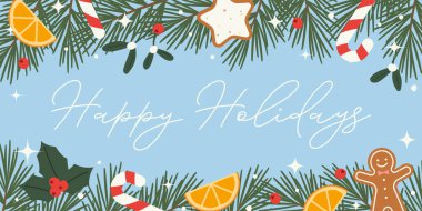 Köknar ağacı dalları, portakal dilimleri, kutsal böğürtlen, şeker kamışı, zencefilli kurabiye, kar ve ışıltılı resimli mutlu bayramlar.