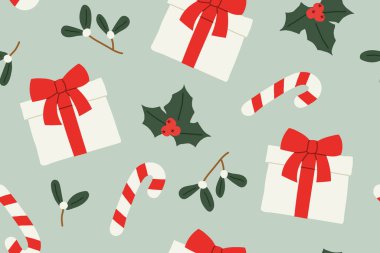 Noel, hediye kutuları, şeker kamışları, kutsal dut ve ökseotu dalları ile Noel kusursuz desen; tebrik kartları ambalaj kağıtları, duvar kağıtları- vektör çizimi için harika