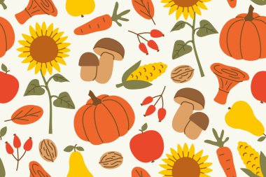 Şükran Günü, yaprakları, ayçiçekleri, balkabakları, mısırları, mantarları, meyveleri olan kusursuz bir sonbahar şablonu. Bayram kutlamaları, parti davetiyeleri ve sonbahar dekorasyon tasarımı çizimleri için mükemmel.