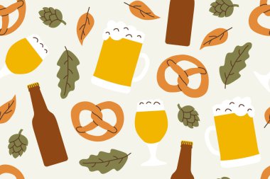 Bira bardakları, koniler, krakerler ve sonbahar yaprakları ile kusursuz desen; bira festivali konsepti, ambalaj kağıdı, tekstil, tebrik kartları, dijital arka plan ve mevsimsel dekorasyonlar için mükemmel