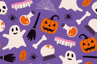 Jack o fener, vampir dişleri, hayalet, kafatası, kemik, süpürge, örümcek ağı, iksir, kristal top, sonbahar yaprağı ile kusursuz Cadılar Bayramı deseni; sarma, tebrik kartları, dekorasyonlar ve dijital arkaplan çizimleri için mükemmel.