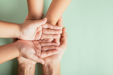Kapalı ellerde çocuklar, yetişkin anne eli, üst görüşlü çocuk anne avuç içi, ebeveynler ve küçük çocuk el ele tutuşuyor yeşil arka planda izole edilmiş, aile gündüz bakımı konsepti