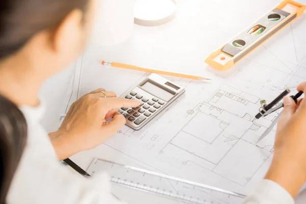 Architectural Project Workplace Engineer Sketching Construction Project Architect Drawing Divider — Stock Photo, Image