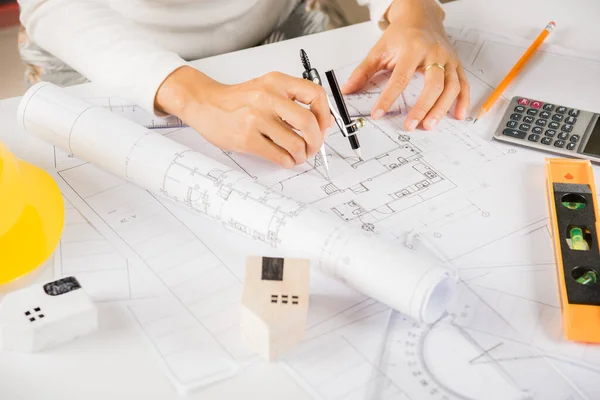 Architectural Project Workplace Architect Drawing Divider Compass House Plan Blueprint — Stock Photo, Image