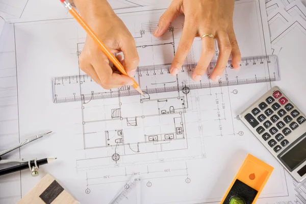 Architectural Project Workplace Architect Drawing Ruler House Plan Blueprint Paper — Stock Photo, Image