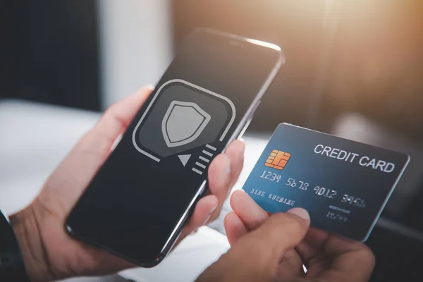 Female Register Credit Cards Mobile Phone Make Digital Payment Security — Stockfoto