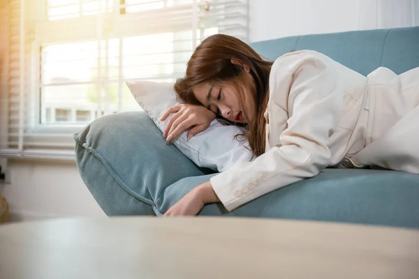 Tired Woman Sleeping Closed Eyes Sofa Living Room Home Overworked — Photo