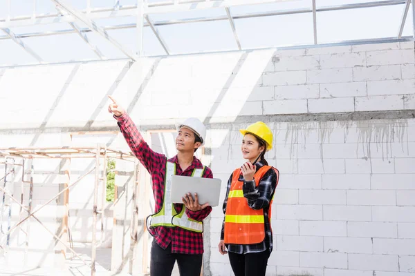 Ingeniero Asiático Capataz Trabajador Hombre Mujer Que Trabaja Construcción Del — Foto de Stock