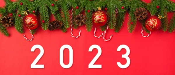 Gott Nytt 2023 Bakgrund Ovanifrån Julen Tapet Grön Gran Grenar — Stockfoto