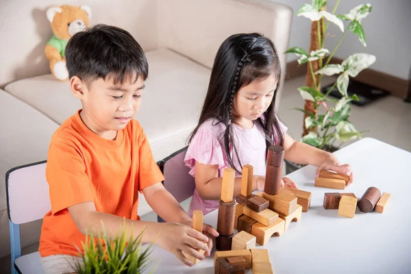 Children Boy Girl Playing Constructor Wooden Block Building Happy Little — стоковое фото