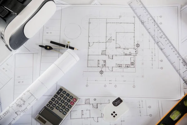 Arkitektonisk Ritning Papper Projektplaner Skrivbord Verktyg För Ingenjör Entreprenör Byggnad — Stockfoto