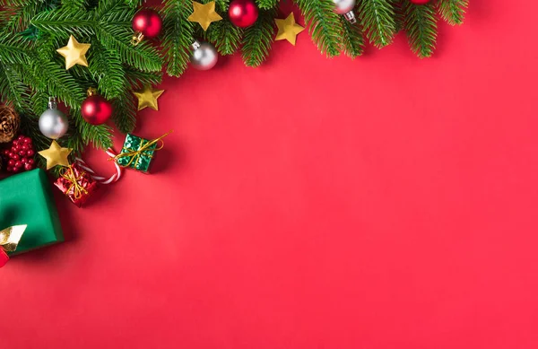 Vánoční Pozadí Představuje Blahopřání Horní Pohled Nad Hlavou Zelené Jedle — Stock fotografie