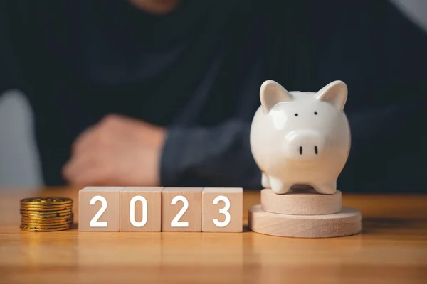 2023年あけましておめでとうございます 木製の立方体ブロック番号年2023と貯金箱を持つビジネスマンは ターゲット計画ビジネス目標を設定するには 資金調達の成功ビジネスを開始し お金を節約 — ストック写真