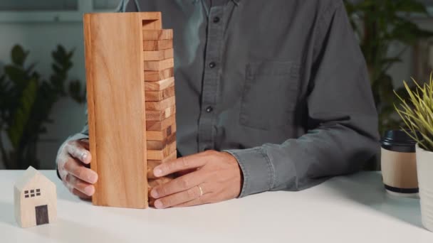Business Pulling Box Building Tower Challenge Game Businessman Hand Putting — Stock Video