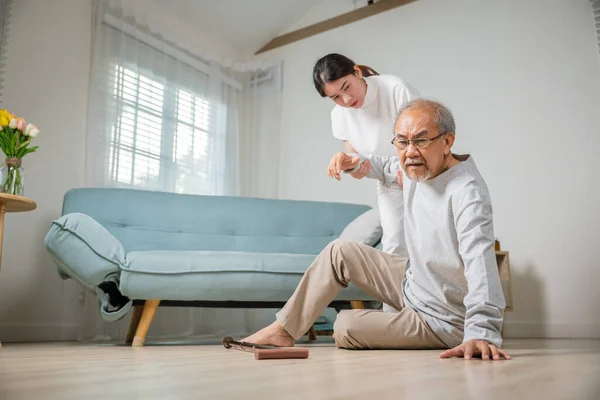 Dizziness Elderly Old Man Falling Lying Floor Walking Stick Assistant — Stock Photo, Image