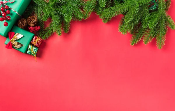 Vánoční Pozadí Představuje Blahopřání Horní Pohled Nad Hlavou Zelené Jedle — Stock fotografie