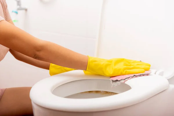 Žena Úklid Sedadlo Podle Růžové Tkaniny Utírat Toalety Žena Sobě — Stock fotografie