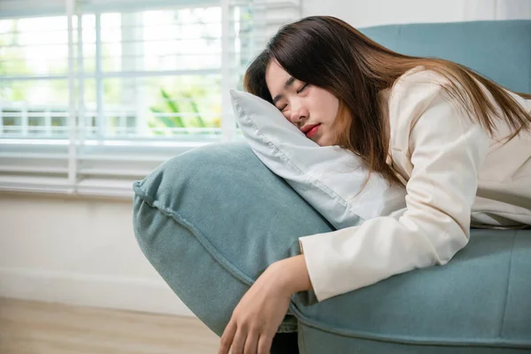 Tired Woman Sleeping Closed Eyes Sofa Living Room Home Overworked — Stock Fotó