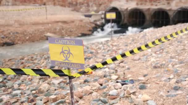 Close Warning Sign Lable Biohazard Caution Collectcts Sample Waste Water — Stock video