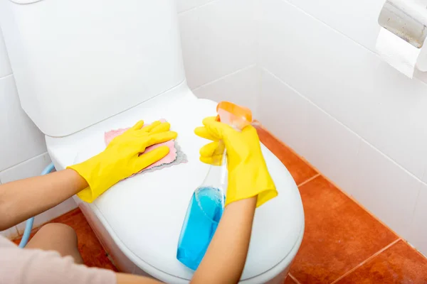 Mulher Limpando Assento Vaso Sanitário Usando Spray Líquido Pano Rosa — Fotografia de Stock