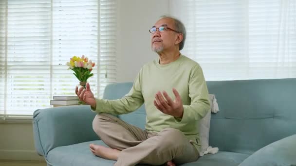 亚洲老年人练习瑜伽 静坐静坐静坐 生活方式老年人做瑜伽 精神平衡 呼吸空气 在家里沙发上放松 健康的生活习惯 — 图库视频影像