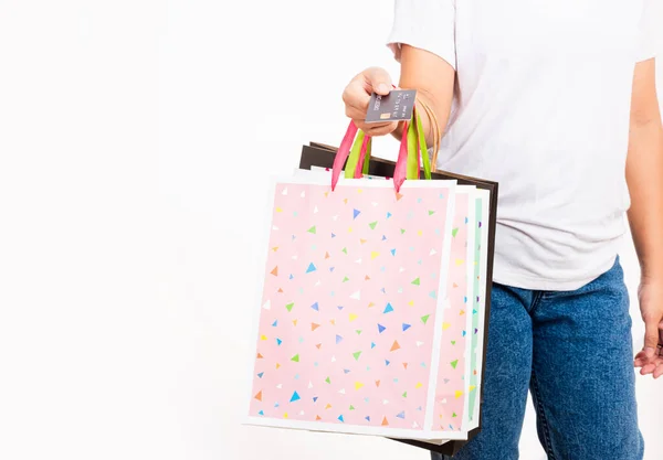 Closeup Women Hand Holding Colorful Shopping Bag Many Packets Credit — Stock Photo, Image
