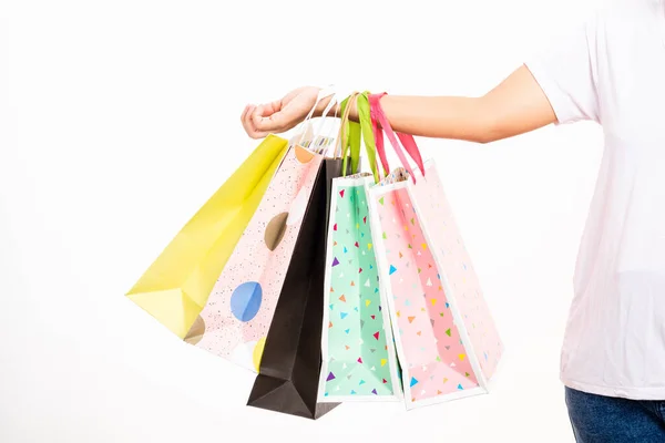 Closeup Women Hand Holding Colorful Multicolor Shopping Bag Many Packets — Stock Photo, Image