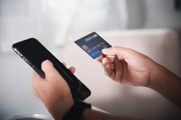 Female Register Credit Cards Mobile Phone Make Digital Payment Security — Φωτογραφία Αρχείου