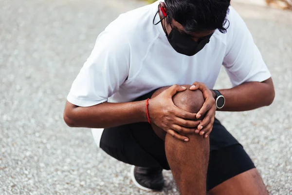 Close Asian Young Sport Runner Black Man Wear Watch Sitting — Stock Photo, Image
