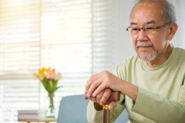 Kıdemli engelli bir adamın elinde baston, koltukta dinlenen yaşlı bir adam, tahta baston tutan yaşlı bir adamın, baston tutan yaşlı bir adamın elleri, yaşlılar için Uluslararası Yaşlılar Günü.