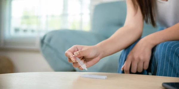 Close Woman Hands Using Rapid Antigen Test Kit Selftest Female — Stock Photo, Image