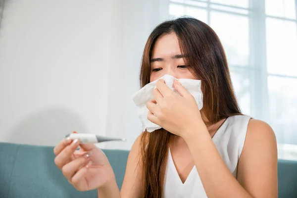 Sick Asian Young Woman Sit Blanket Sofa She Sneeze Digital — Zdjęcie stockowe