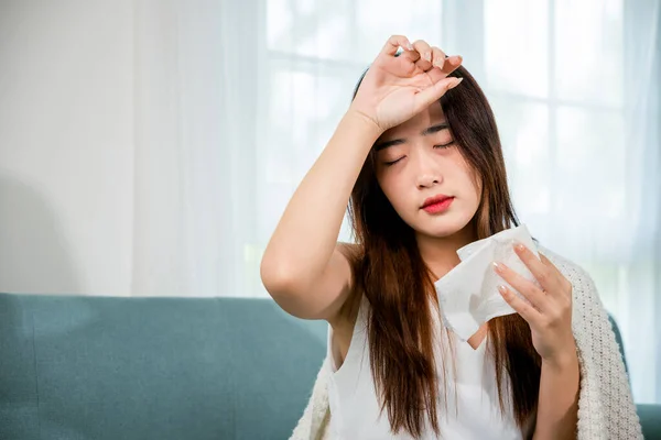 Asian Young Woman She Sick Blowing Nose Sneezing Tissue Home — Stock Photo, Image