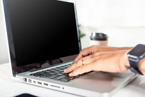 Typing Keyboard Close Hands Business Woman Laptop Keypad Working Desk — Foto de Stock