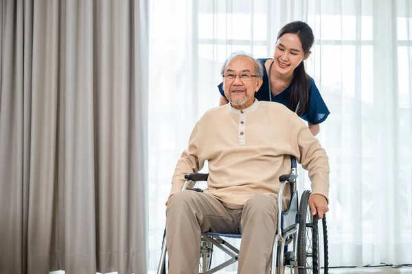 Happy Curator Person Doctor Pushing Wheelchair Run Elderly Disabled Patient — Stockfoto