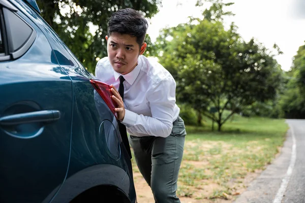 Asian Businessman Car Broken Has Problems Car Work Morning Pushing — 스톡 사진