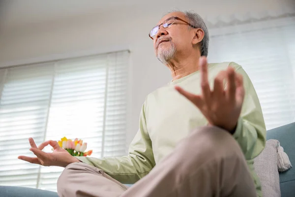 Životní Styl Senior Muž Sedí Pohovce Obývacím Pokoji Drží Ruce — Stock fotografie