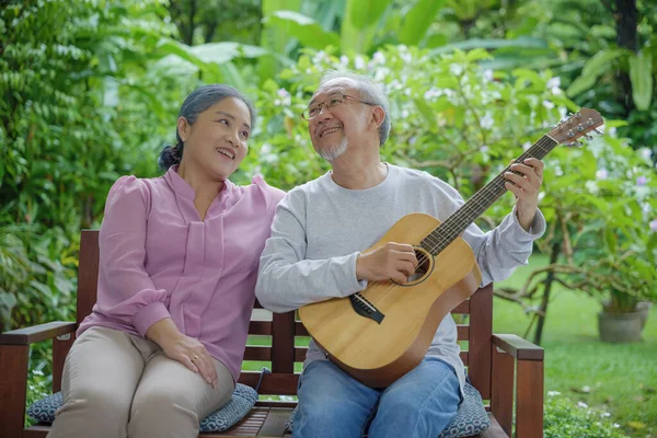 Happy Two Asian Senior Couple Elderly Man Playing Guitar While — Stock Photo, Image