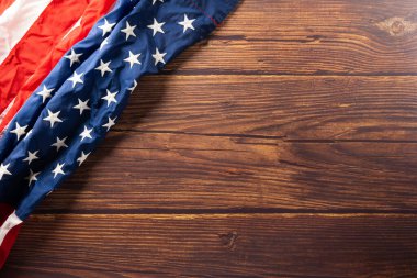 Presidents Day. flag of United States American with copy space, USA flag for Memorial day on abstract wooden background, Banner template design of presidents day concept