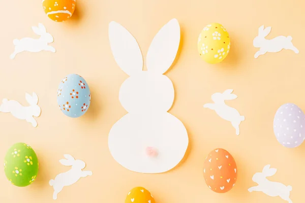 Easter Eggs Bunny Rabbit White Paper Cut Isolated Pastel Background — Stock Photo, Image