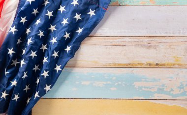 USA flag for Memorial day on abstract wooden background, Banner template design of presidents day concept, flag of United States American with copy space, Presidents Day