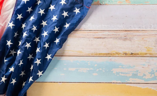 USA flag for Memorial day on abstract wooden background, Banner template design of presidents day concept, flag of United States American with copy space, Presidents Day