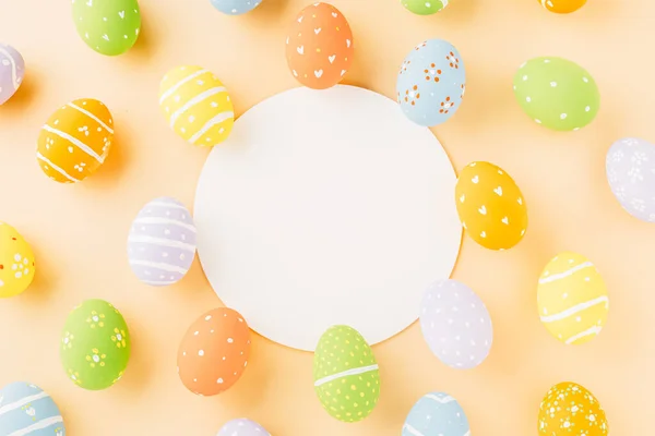 Overhead Easter Eggs Circle White Paper Isolated Pastel Background Copy — Stockfoto