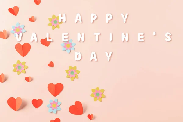 Happy Valentines Day Concept Red Paper Hearts Cutting Pastel Pink —  Fotos de Stock