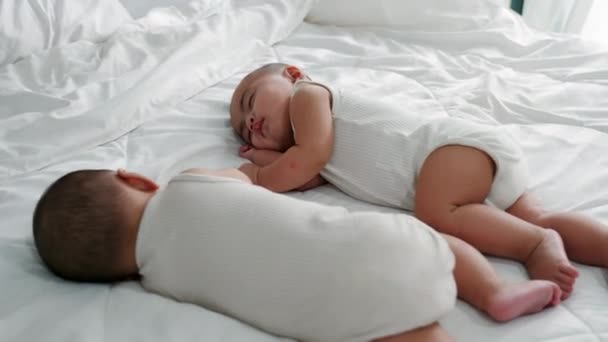 아시아의 귀여운 쌍둥이 침대에서 갓난아기 쌍둥이 가족의 아기들 — 비디오