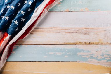 USA flag for Memorial day on abstract wooden background, Banner template design of presidents day concept, flag of United States American with copy space, Presidents Day