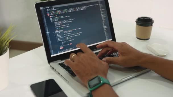 Web Application Development Programmer Man Writing Program Code Sitting Workplace — Stock video