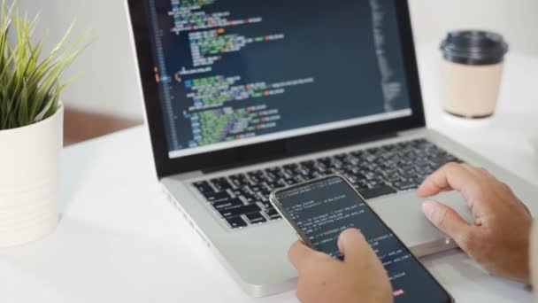 Software Developer Hands Typing Data Coding Programming Javascript Laptop Computer — Stok Video